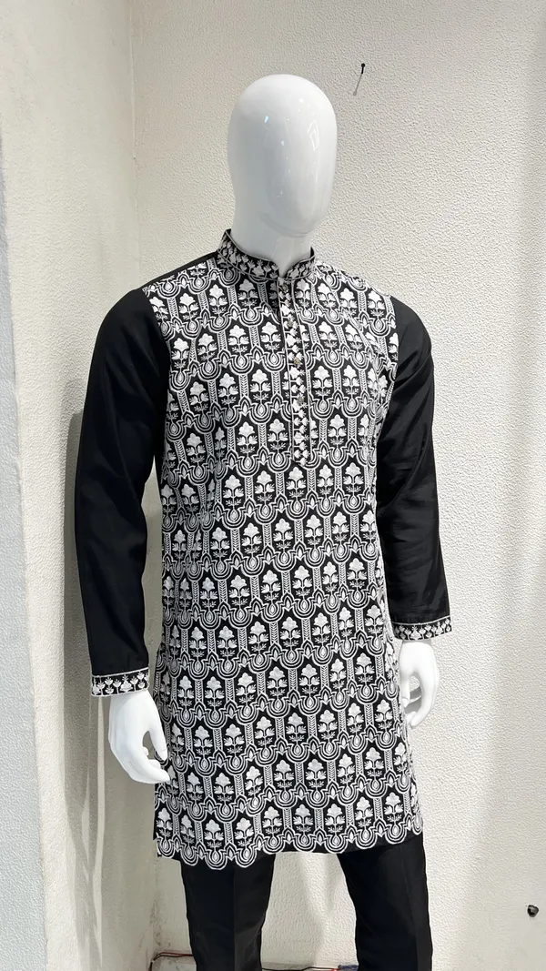Men's_Black_Wedding/Festive_Ready_to_Wear_Kurta_Pant_and_Dupatta_Set_with_Heavy_Embroidery