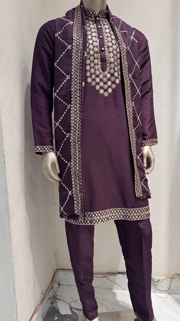 Mens_Wine_Kurta,_Pant_and_Dupatta_Set_with_Zari_Work