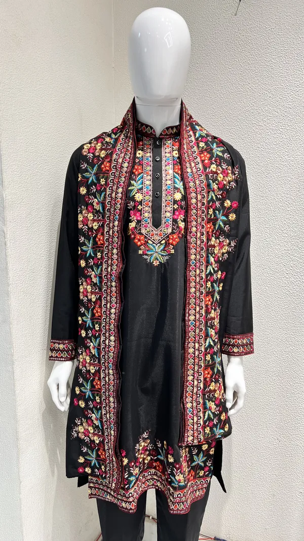 Men's_Black_Wedding_And_Festive_Ready_to_Wear_Kurta_Pant_and_Dupatta_Set_with_Heavy_Embroidery