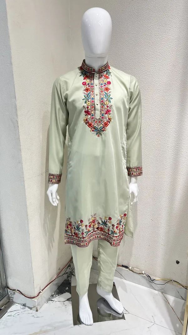 Men's_Pista_Green_Wedding/Festive_Ready_to_Wear_Kurta_Pant_and_Dupatta_Set_with_Heavy_Embroidery