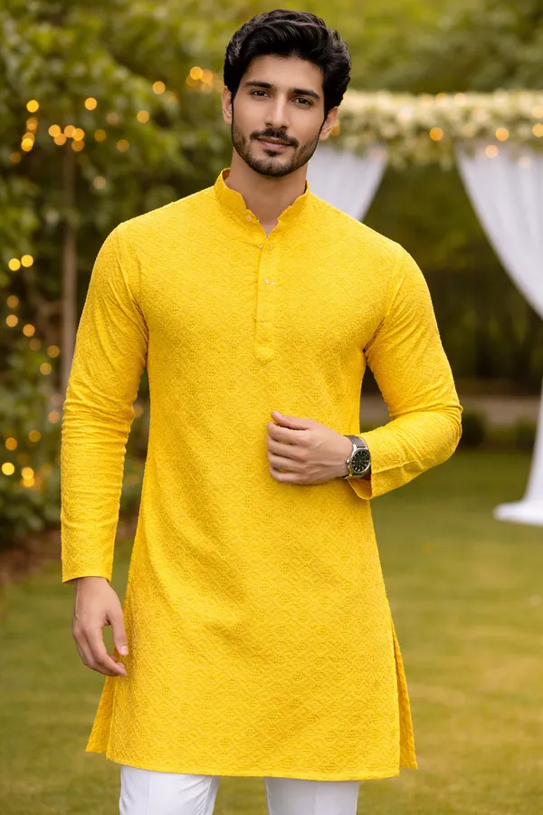 Mens_Yellow_all_Over_Diamond_Shaped_Patterned_Chikankari_Kurta