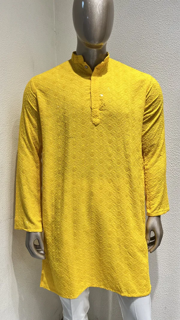 Mens_Yellow_all_Over_Diamond_Shaped_Patterned_Chikankari_Kurta