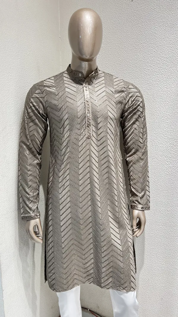 Mens_Taupe_Zig_Zag_Patterned_Sequence_Embroidered_Kurta