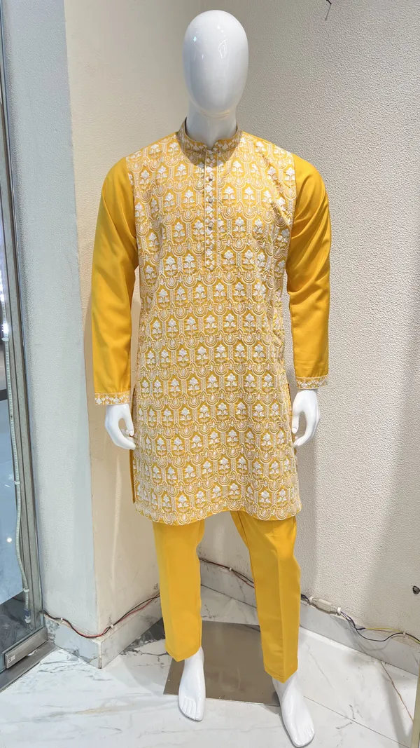 Men's_Yellow_Wedding_And_Festive_Ready_to_Wear_Kurta_Pant_and_Dupatta_Set_with_Heavy_Embroidery
