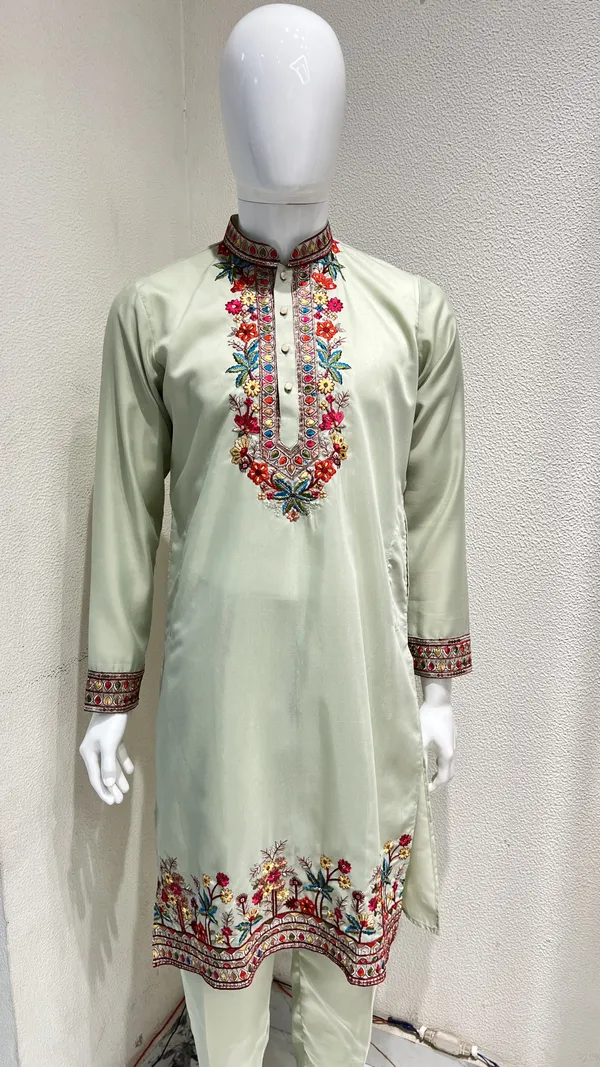 Men's_Pista_Green_Wedding/Festive_Ready_to_Wear_Kurta_Pant_and_Dupatta_Set_with_Heavy_Embroidery