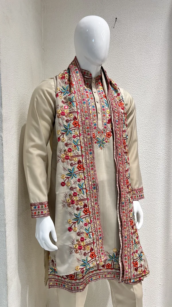 Men's_Light_Beige_Wedding_,Festive_Ready_to_Wear_Kurta_Pant_and_Dupatta_Set_with_Heavy_Embroidery