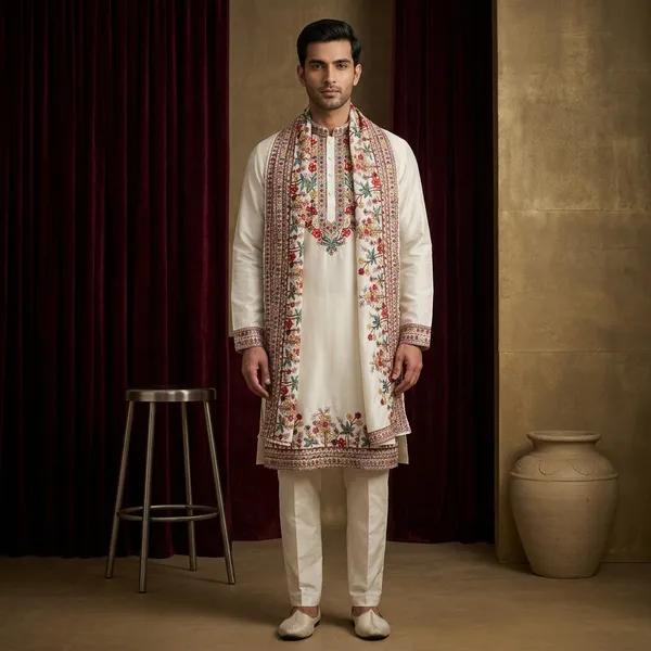 Men's_Off_White_Wedding_And_Festive_Ready_to_Wear_Kurta_Pant_and_Dupatta_Set_with_Heavy_Embroidery