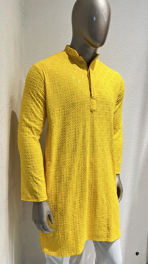 Mens_Yellow_Waffle_Shaped_Patterned_Chikankari_Kurta