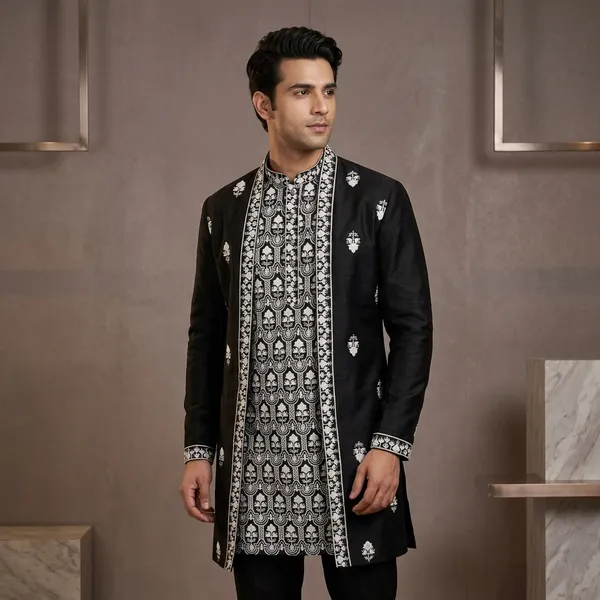 Men's_Black_Wedding/Festive_Ready_to_Wear_Kurta_Pant_and_Dupatta_Set_with_Heavy_Embroidery