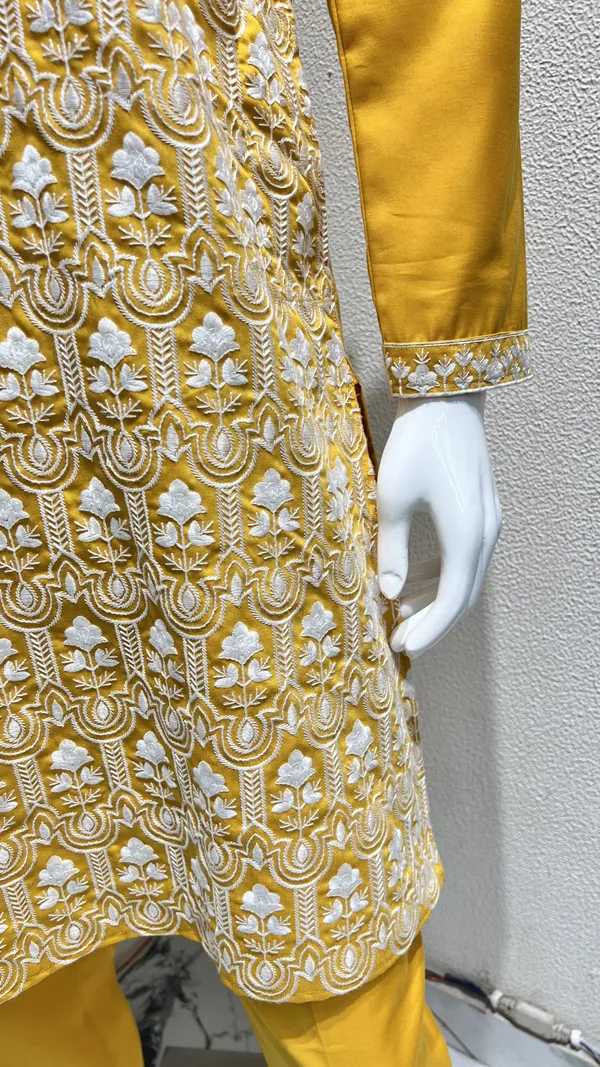 Men's_Yellow_Wedding_And_Festive_Ready_to_Wear_Kurta_Pant_and_Dupatta_Set_with_Heavy_Embroidery