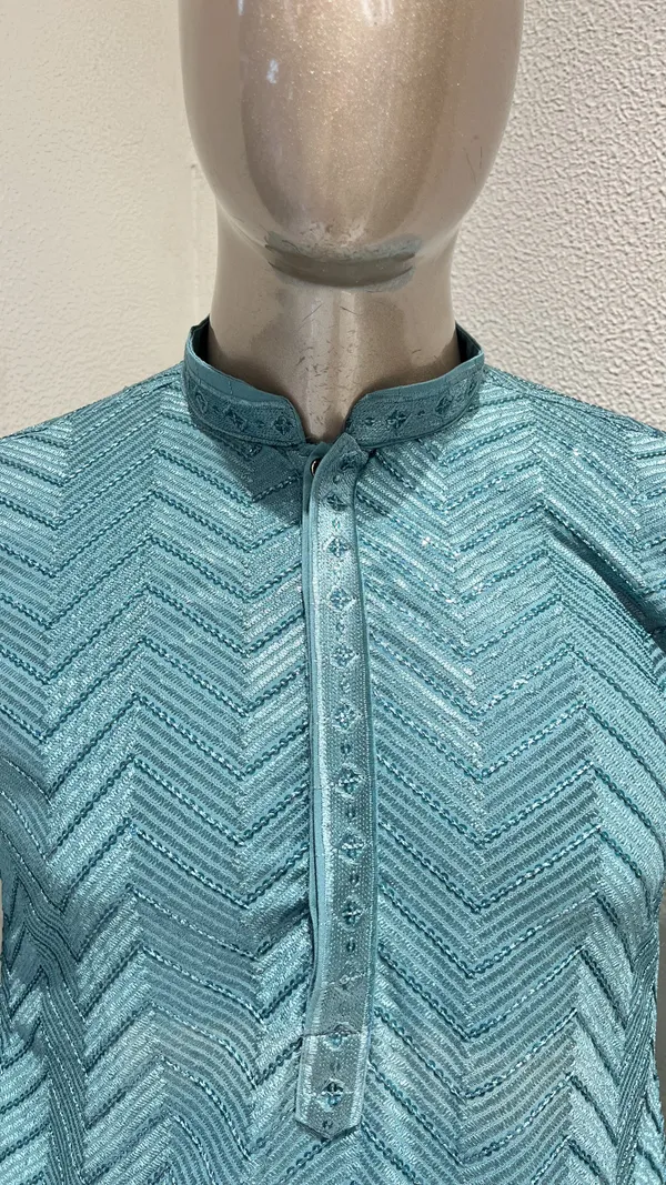 Mens_Turquoise_Zig_Zag_Patterned_Sequence_Embroidered_Kurta