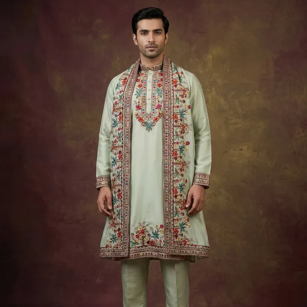 Men's_Pista_Green_Wedding/Festive_Ready_to_Wear_Kurta_Pant_and_Dupatta_Set_with_Heavy_Embroidery