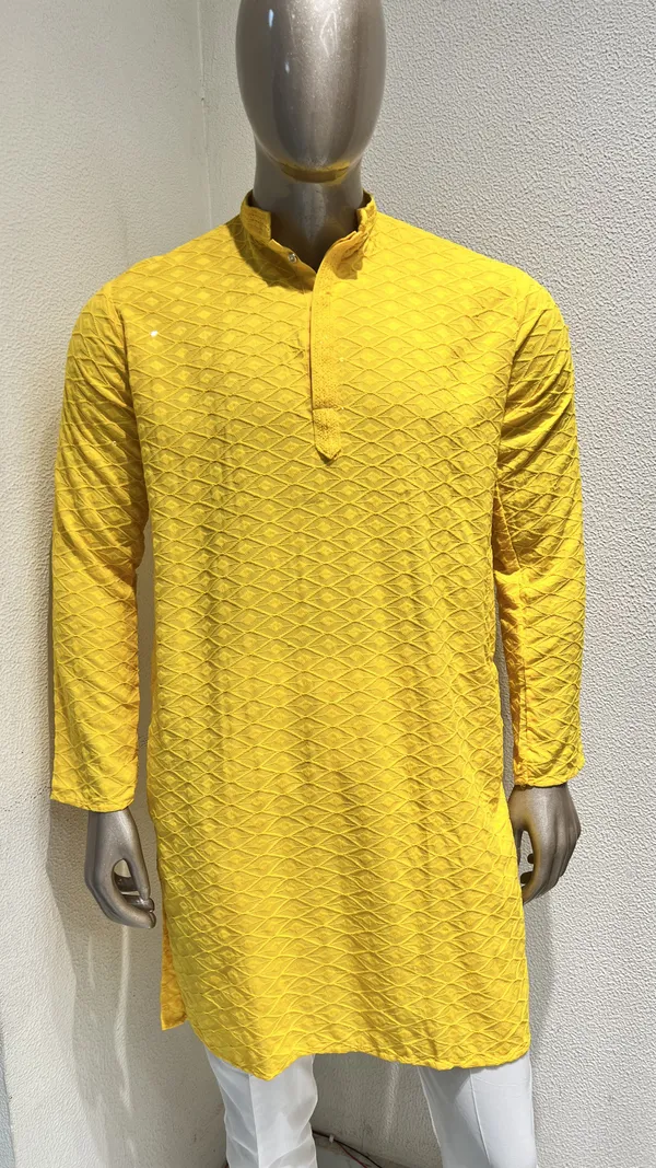 Mens_Yellow_Diamond_Shaped_Patterned_Chikankari_Kurta
