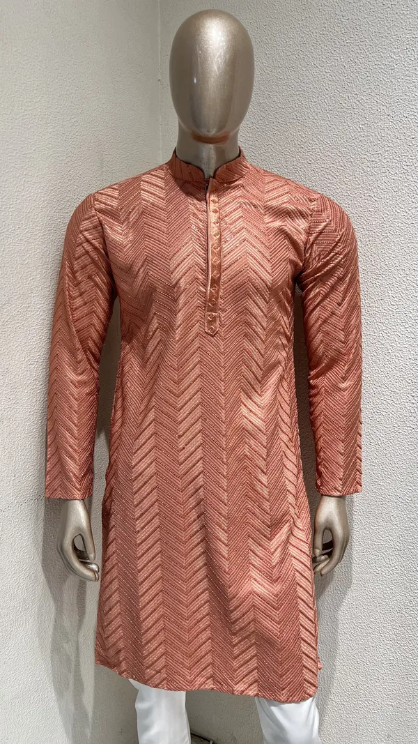 Mens_Peach_Zig_Zag_Patterned_Sequence_Embroidered_Kurta