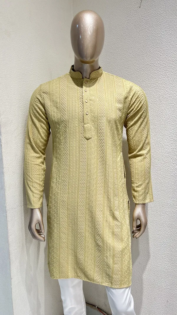Mens_Golden_Beige_Striped_Patterned_Embroidered_Kurta
