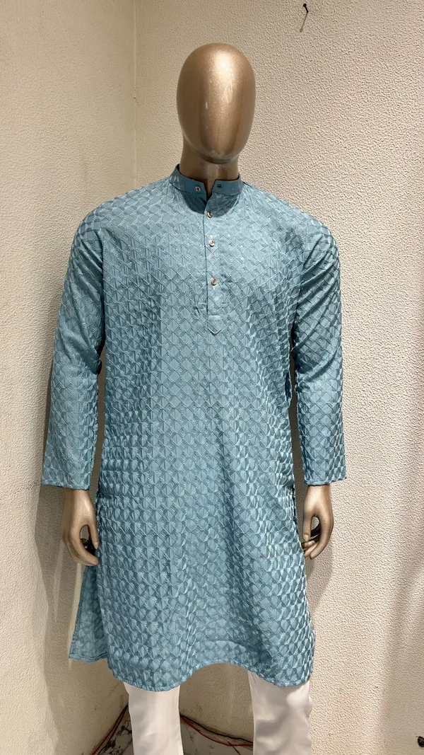 Mens_Aqua_Blue_Geometric_Patterned_Sequence_Embroidered_Kurta