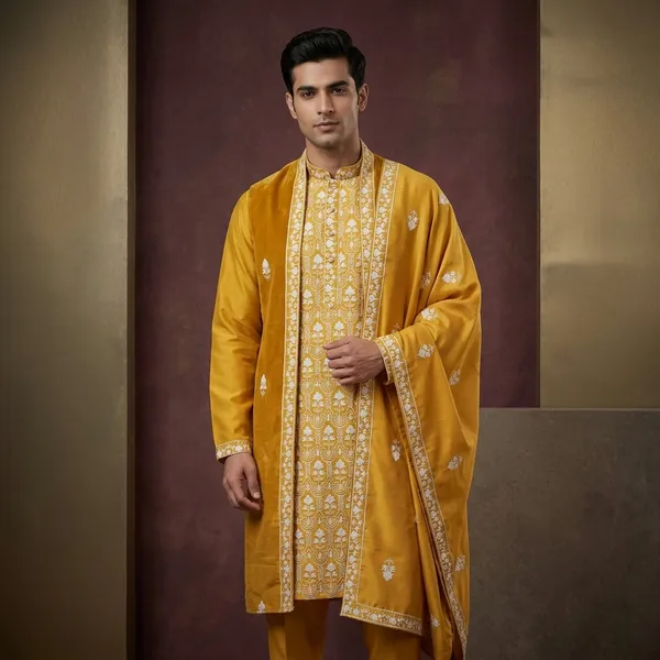 Men's_Yellow_Wedding_And_Festive_Ready_to_Wear_Kurta_Pant_and_Dupatta_Set_with_Heavy_Embroidery