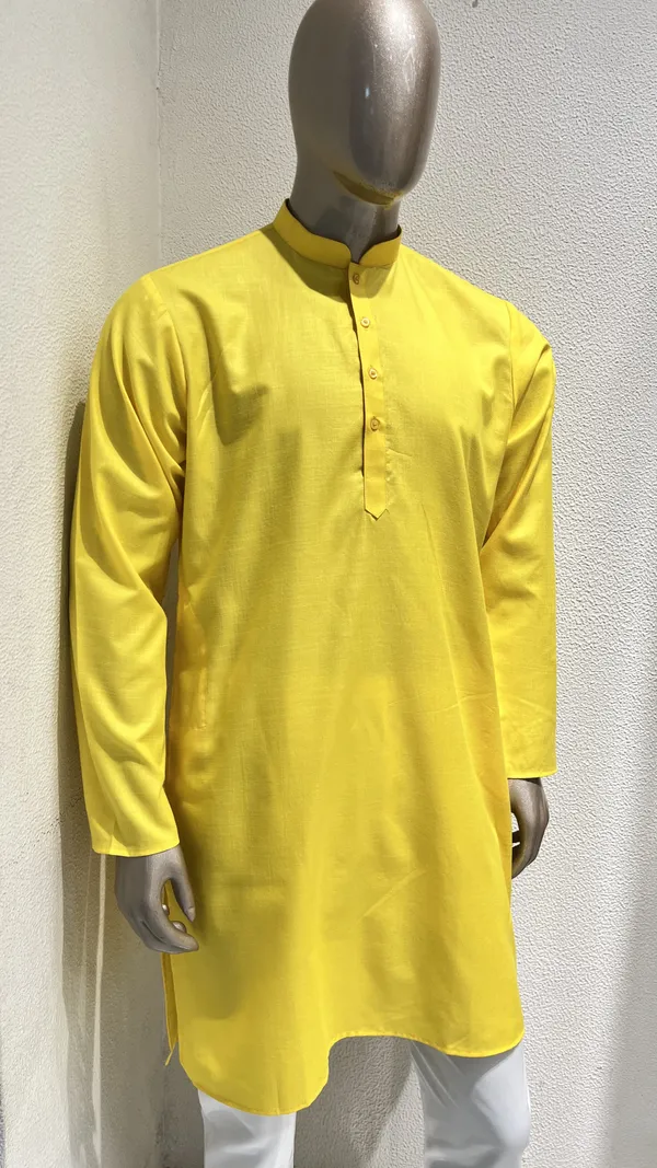 Mens_Cotton_Bright_Yellow_Full_Sleeves_Kurta_with_Band_Collar