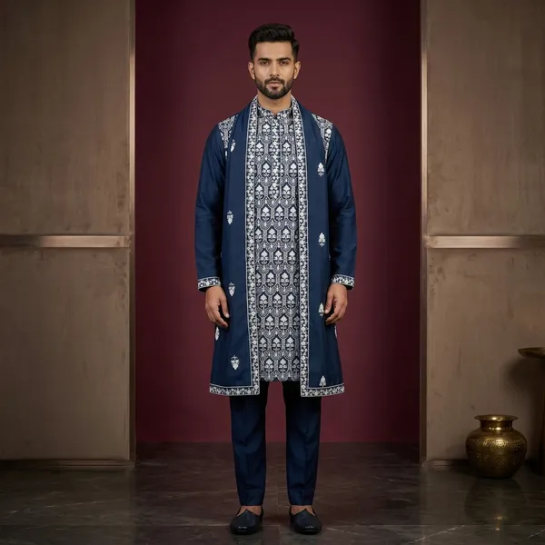 Men's_Navy_Blue_Wedding,_Festive_Ready_to_Wear_Kurta_Pant_and_Dupatta_Set_with_Heavy_Embroidery