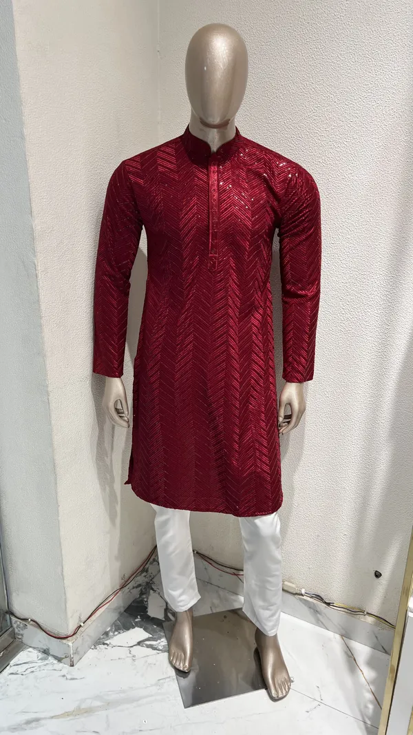 Mens_Maroon_Zig_Zag_Patterned_Sequence_Embroidered_Kurta