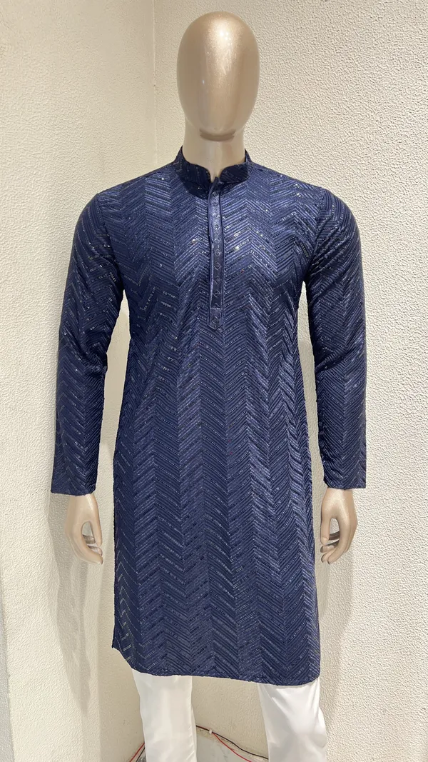 Mens_Navy_Blue_Zig_Zag_Patterned_Sequence_Embroidered_Kurta