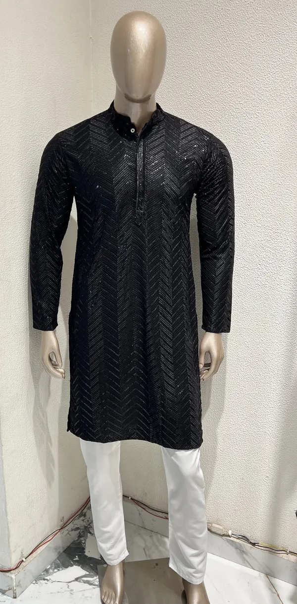 Mens_Black_Zig_Zag_Patterned_Sequence_Embroidered_Kurta