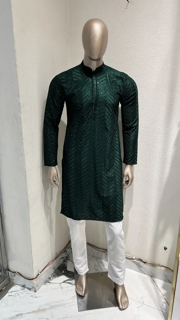 Mens_Emerald_Green_Zig_Zag_Patterned_Sequence_Embroidered_Kurta