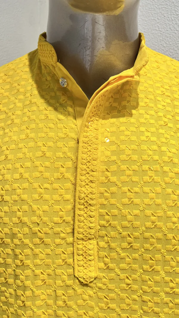 Mens_Yellow_Basket_Weave_Shaped_Patterned_Chikankari_Kurta