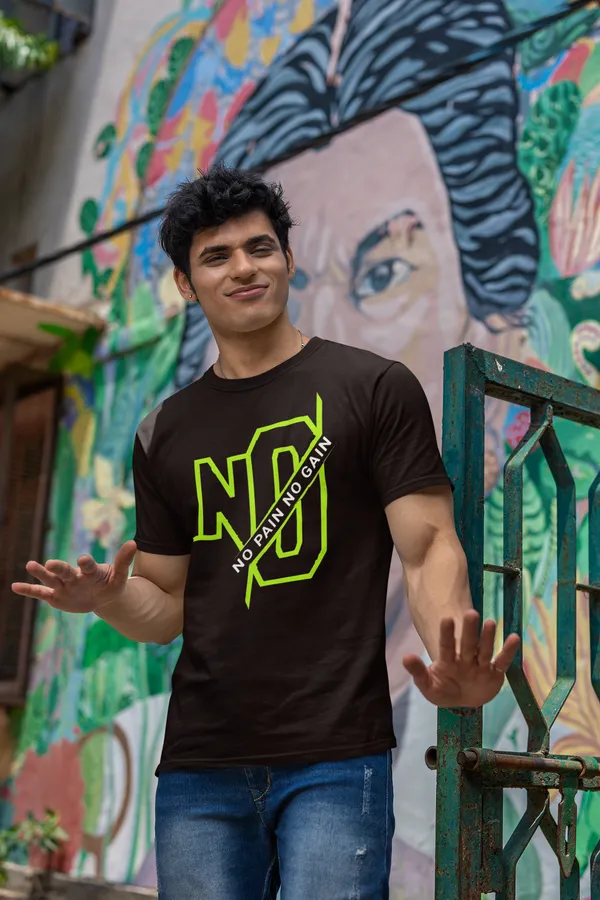 No_Pain_No_Gain_Neon_Typography_Brown_T_Shirt