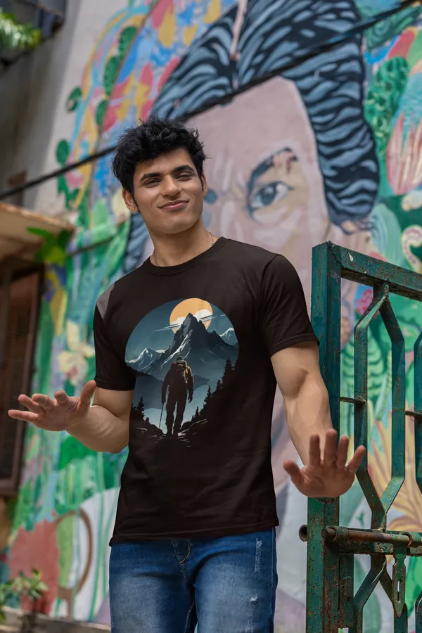 Adventurer_Silhouette_Graphic_T_Shirt_Brown_Round_Neck_Casual_Wear