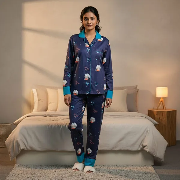 Blue_Poly_Twill_Night_Suit_Set_For_Women