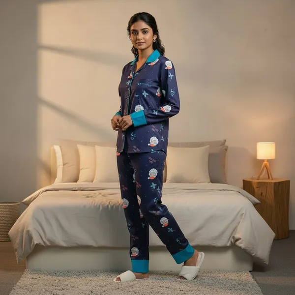 Blue_Poly_Twill_Night_Suit_Set_For_Women