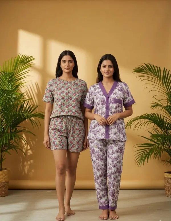 Multicolor_Rayon_Lounge_Shorts_Set_And_Cambric_100%_Cotton_Nightsuit_Set_For_Women_Pack_Of_2