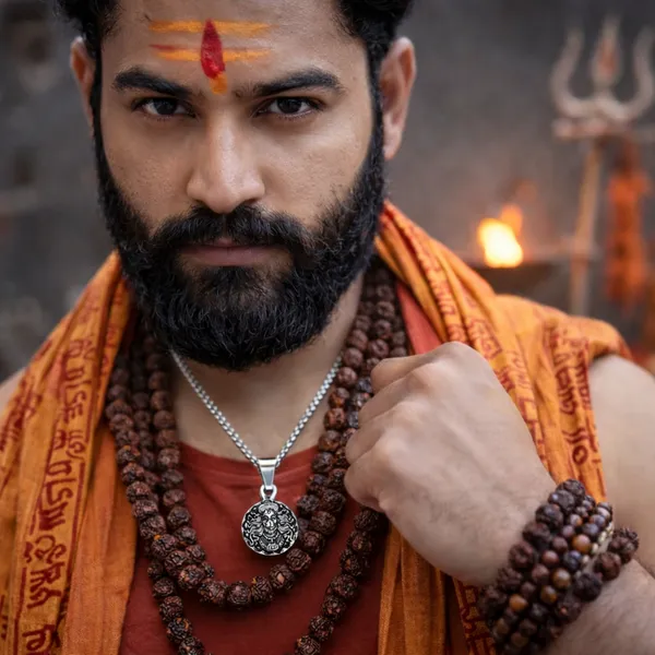 Brown_And_Gold_Hanuman_With_Chain_Tone_Spiritual_And_Rudraksha_Beads_With_Dragon_Pendant_Bracelet_And_Necklace_Set