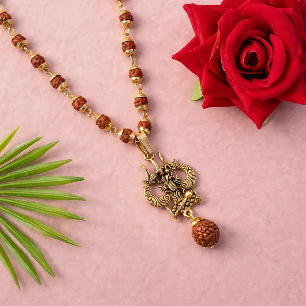Gold_Rudraksha_Beads_With_Dragon_Pendant_Bracelet_And_Necklace_Set