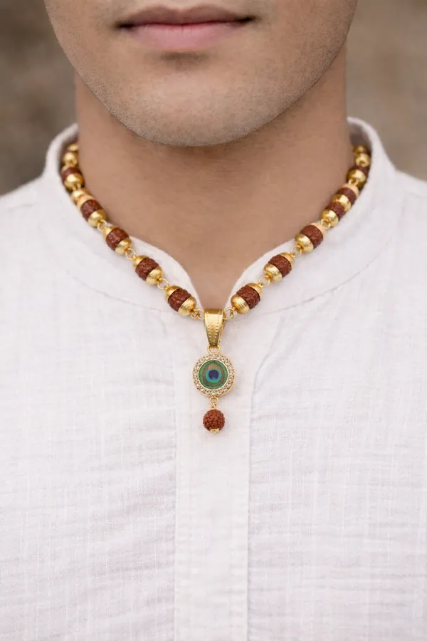 Brown_Rudraksha_Bead_With_Peacock_Feather_Pendant_Necklace