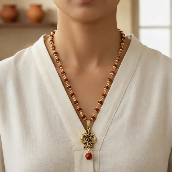 Gold_Rudraksha_Beads_With_Dragon_Pendant_Bracelet_And_Necklace_Set