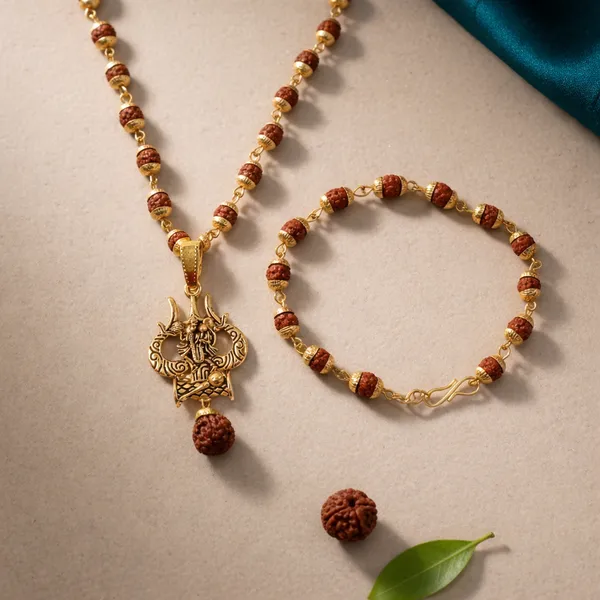 Gold_Rudraksha_Beads_With_Dragon_Pendant_Bracelet_And_Necklace_Set