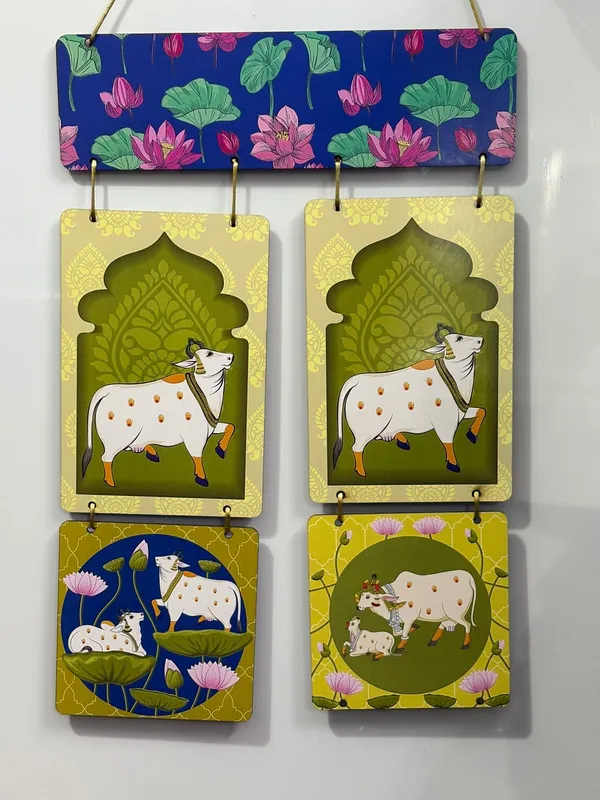 Multicolour_MDF_Sheet_Lotus_And_Cow_Wooden_Wall_Hanging_For_Home_And_Decor_Pack_Of_2