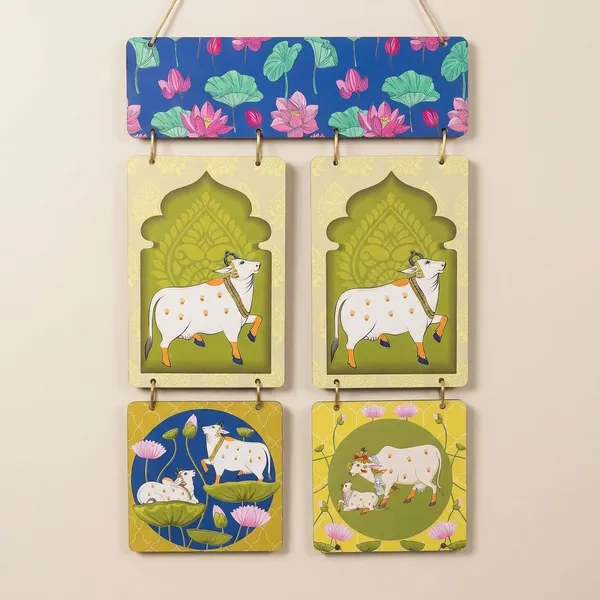 Multicolour_MDF_Sheet_Lotus_And_Cow_Wooden_Wall_Hanging_For_Home_And_Decor_Pack_Of_2