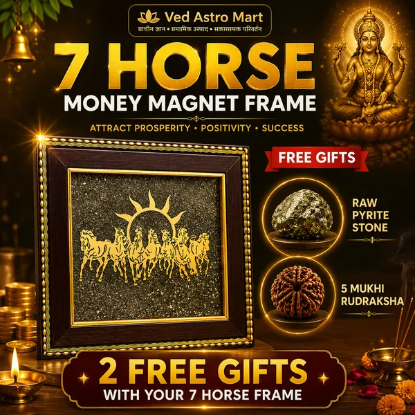 7_Horse_Money_Magnet_Frame_with_2_Free_Gifts_–_Raw_Pyrite_Stone_&_5_Mukhi_Rudraksha