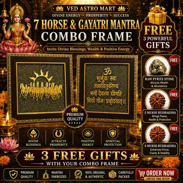 7_Horse_&_Gayatri_Mantra_Combo_Frame_with_3_Free_Gifts_–_Raw_Pyrite,_5_Mukhi_&_4_Mukhi_Rudraksha