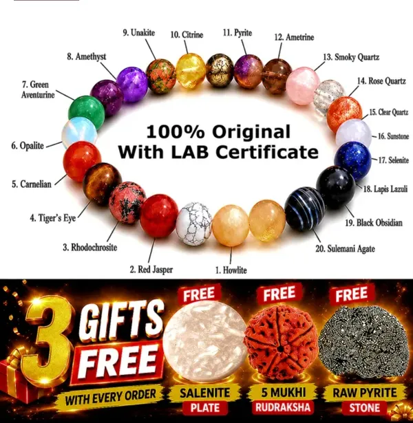 100%_Original_with_LAB_Certificate_-_20_Crystal_Bracelet_&__FREE_Raw_Pyrite_Stone_+_Salenite_Plate_+_5_Mukhi_Rudraksha