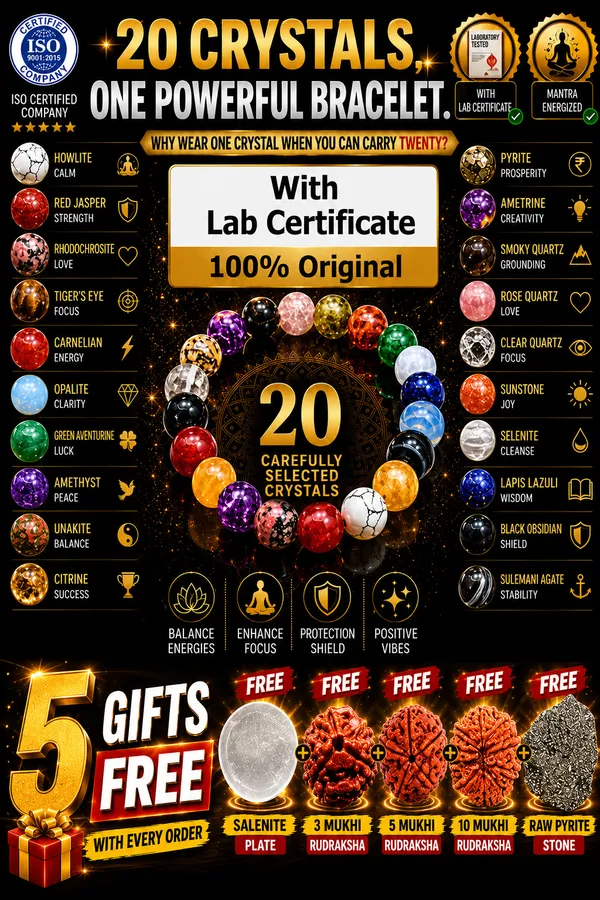Original_Lab_Certified_20_Crystal_Energy_Collection_Bracelet_&__FREE_Raw_Pyrite_Stone_+_Salenite_Plate+_3_Mukhi_Rudraksha_+_5_Mukhi_Rudraksha_+_10_Mukhi_Rudraksha
