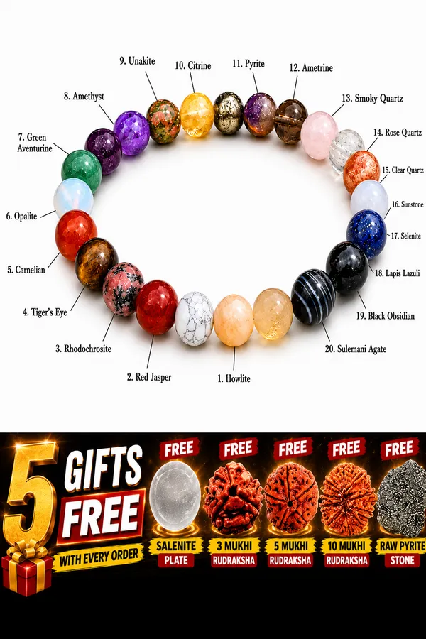 Original_Lab_Certified_20_Crystal_Energy_Collection_Bracelet_&__FREE_Raw_Pyrite_Stone_+_Salenite_Plate+_3_Mukhi_Rudraksha_+_5_Mukhi_Rudraksha_+_10_Mukhi_Rudraksha