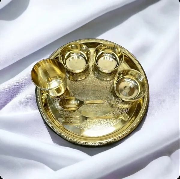 7_Pcs._Premium_Brass_Dinner_Set_Traditional_Thali_With_Glass_Bowls_Spoon_And_Fork