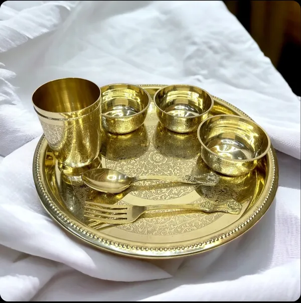 7_Pcs._Premium_Brass_Dinner_Set_Traditional_Thali_With_Glass_Bowls_Spoon_And_Fork