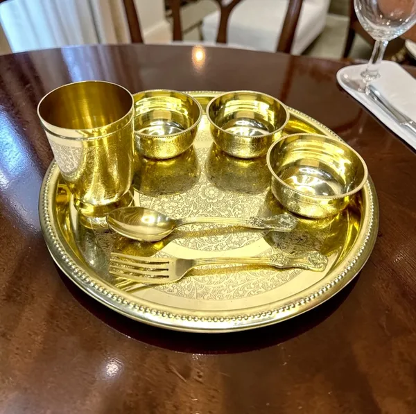 7_Pcs._Premium_Brass_Dinner_Set_Traditional_Thali_With_Glass_Bowls_Spoon_And_Fork