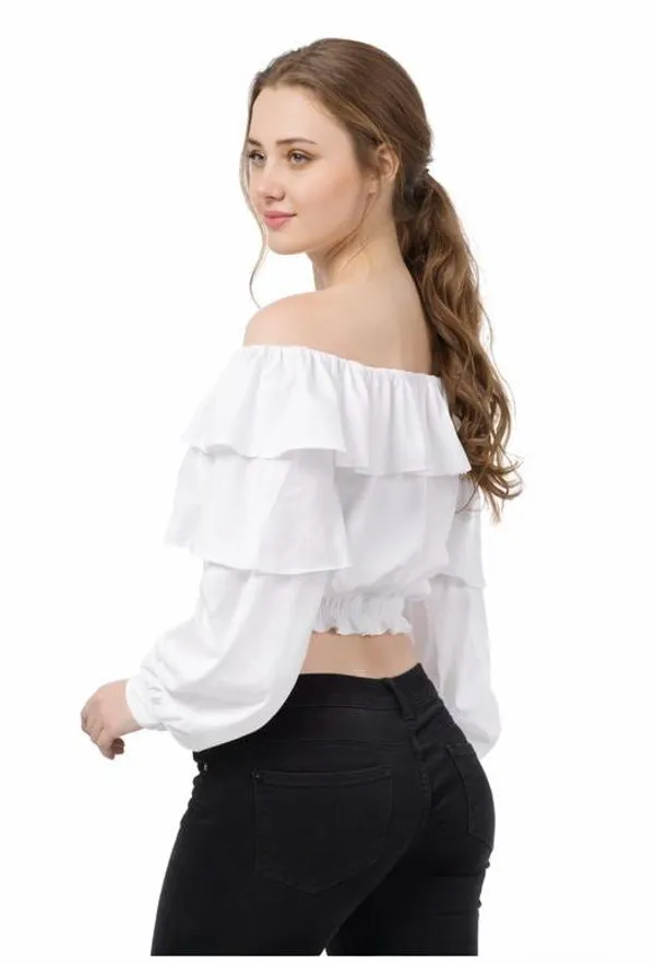 White_Off-Shoulder_Ruffle_Crop_Top_And_Red_Off-Shoulder_Ruffle_Top_With_Long_Sleeves
