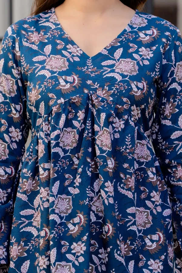 Lime_Green_And_Blue_Floral_Print_V-Neck_Gathered_And_Floral_Print_Long_Sleeve_V-Neck_Tunic_Top_For_Women
